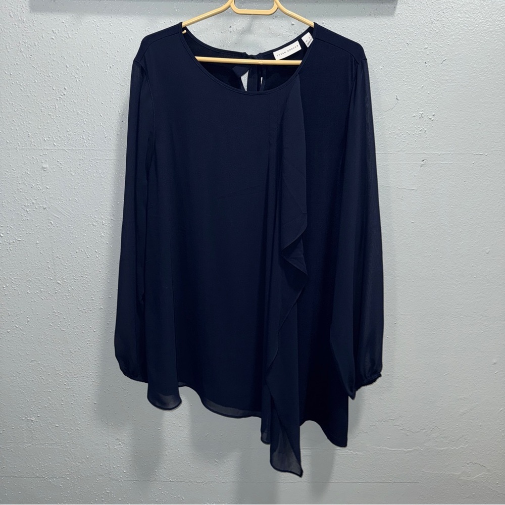 Susan Graver Blue Asymmetrical Blouse with Long Sleeves